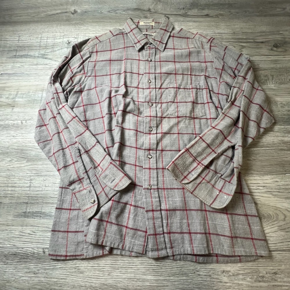 Van Heusen Button Down Mens XL Grey Red Winterweights Plaid Cotton Shirt X15